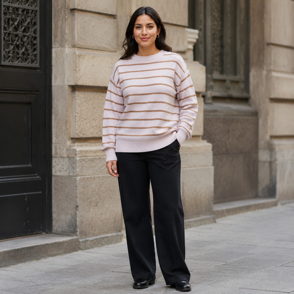 ZARA Women's Pink Brown Stripe Cozy Chenille Knit Sweater Pullover Size Large